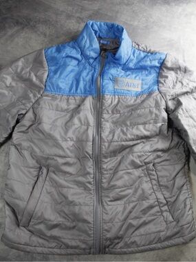 AT&T Employee Puffer Jacket Mens Large Gray Blue Full Zip Quilted Coat Promo L